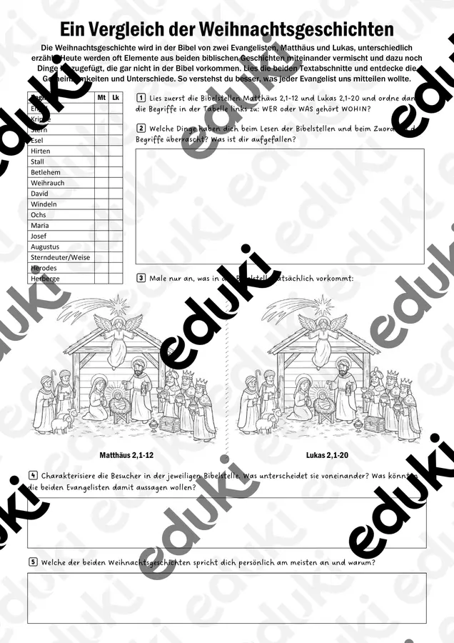 Weihnachtsgeschichte Vergleich Lukas und Matthäus (Arbeitsblatt)